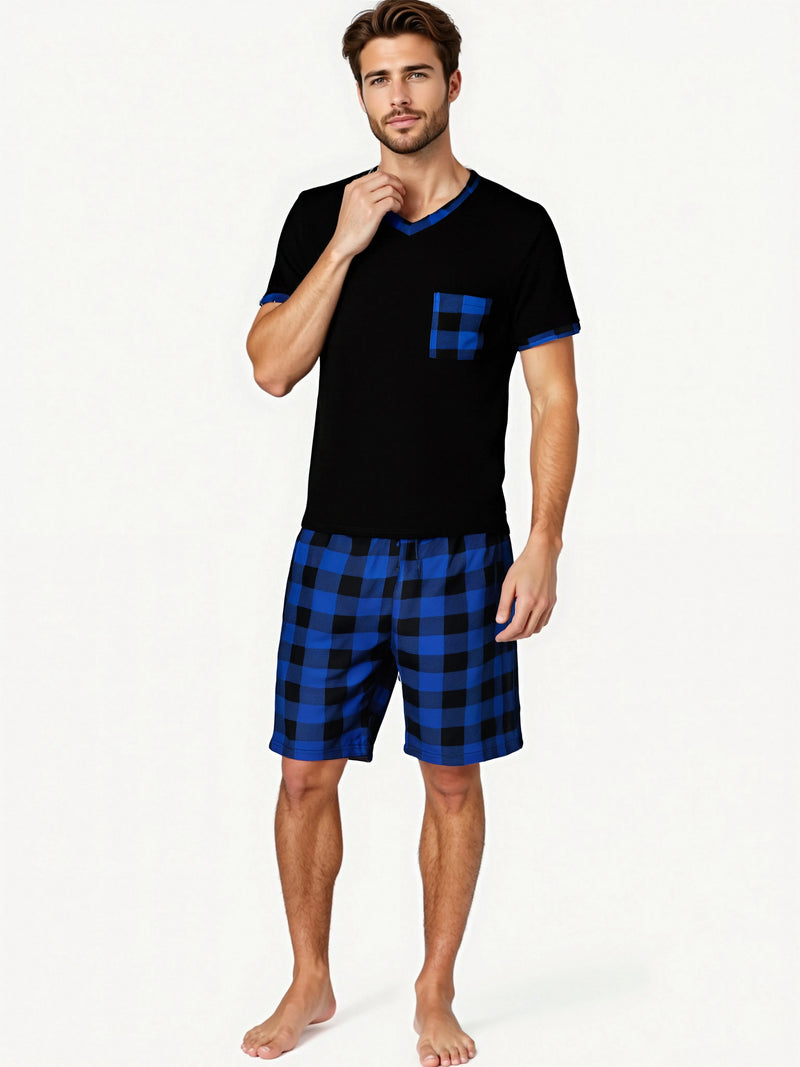 Mens Pajama Sets Short Sleeve Plaid Pajamas.