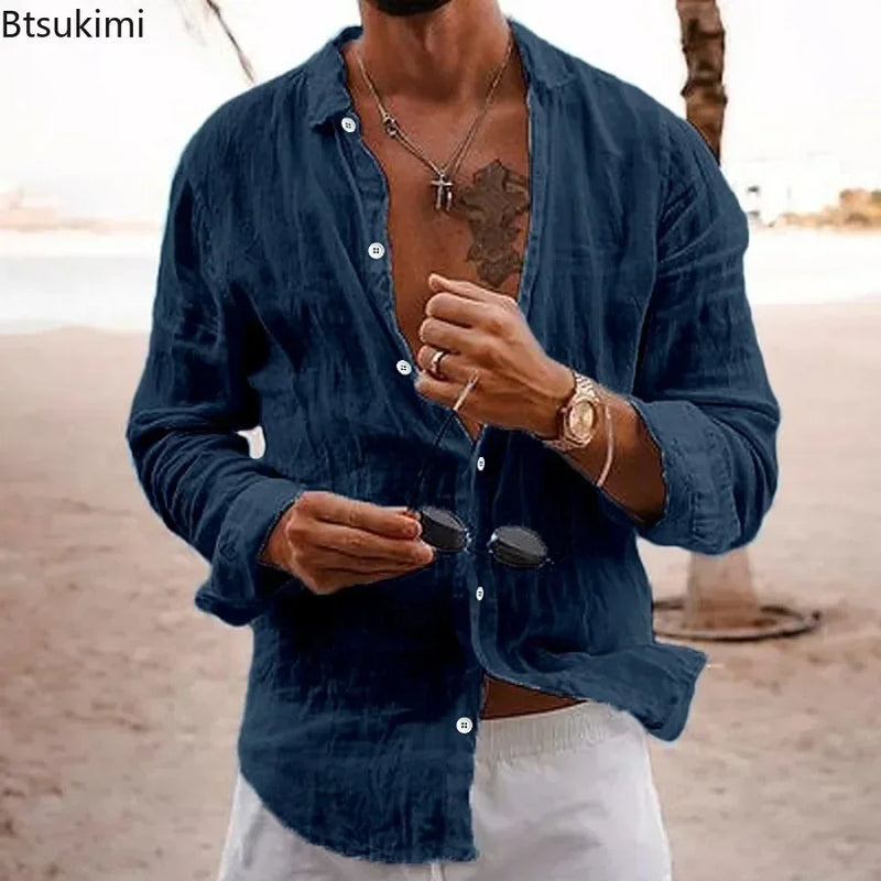 Men's Cotton Linen Shirts Top Simple Laple Solid  Man Shirts Tops Comfortable.