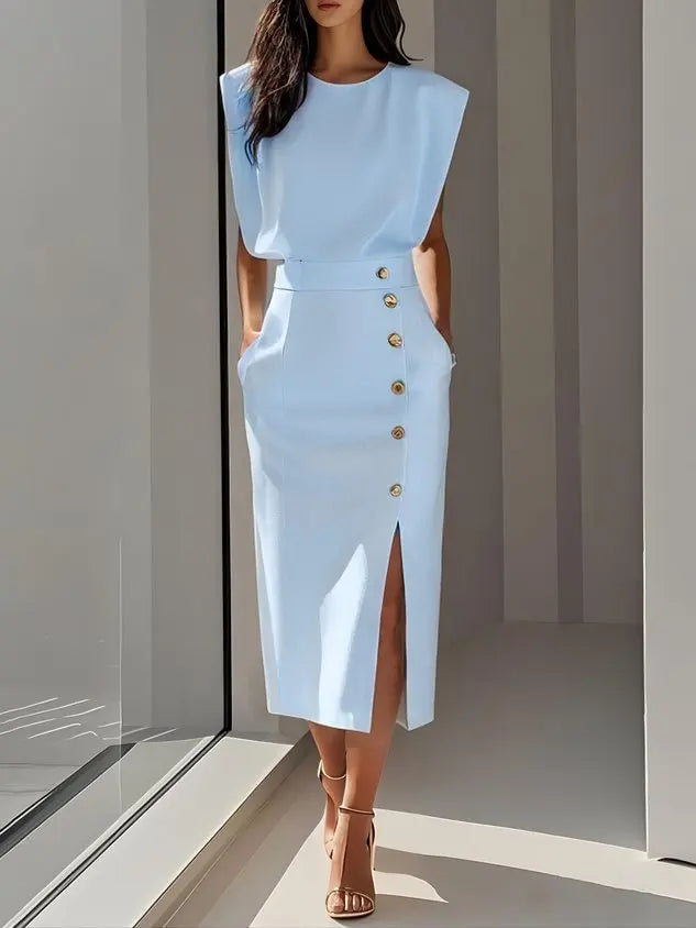Fashion Women's Tank Dress Elegant Single Breasted Solid Casual.