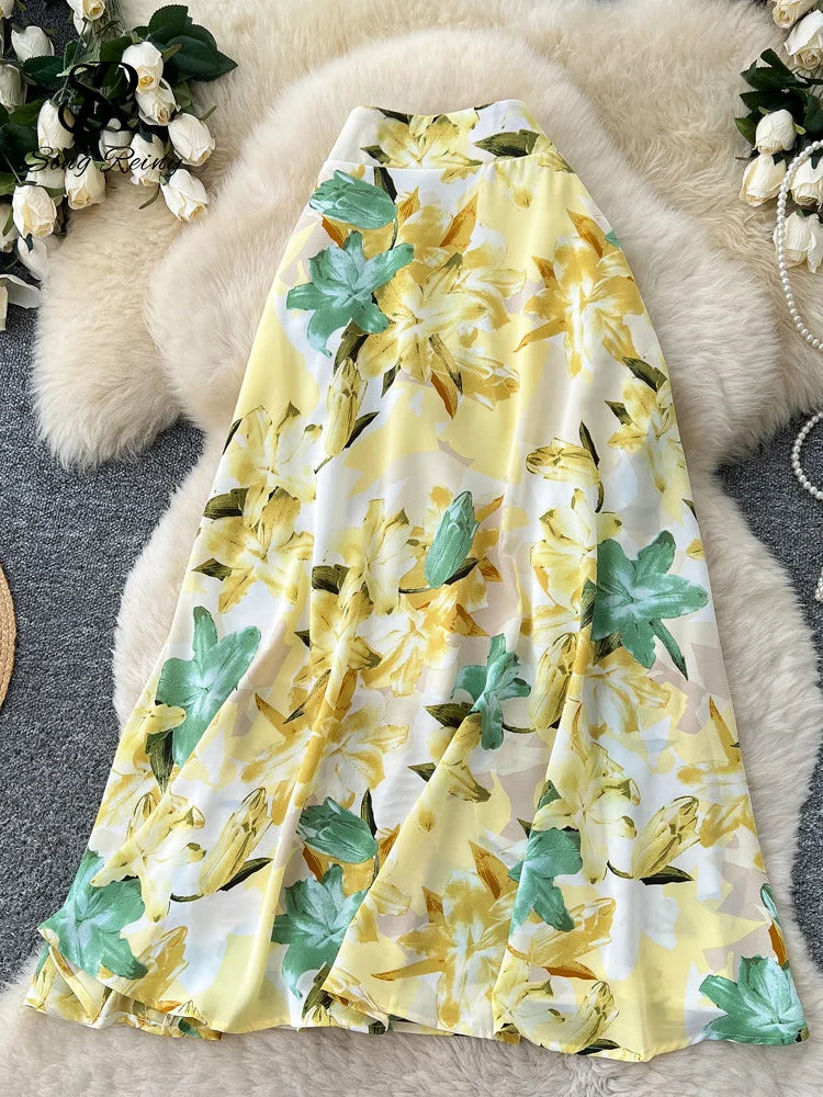 Summer Floral Romantic Skirt Spring High Waist Loose French Style Versatile Women.