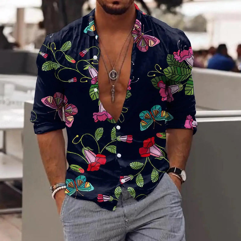 New Trend Men's Shirts Casual Floral Printed Lapel Button Long Sleeve.
