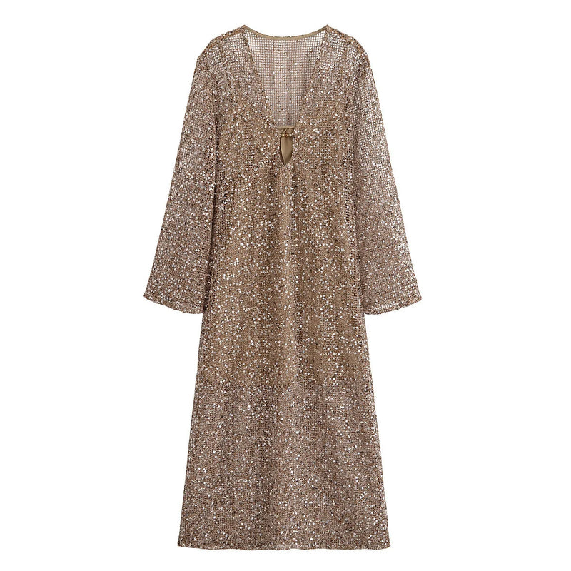 Women’s Spring Dress V-Neck Hollow Out Mid Waist Long Sleeve.