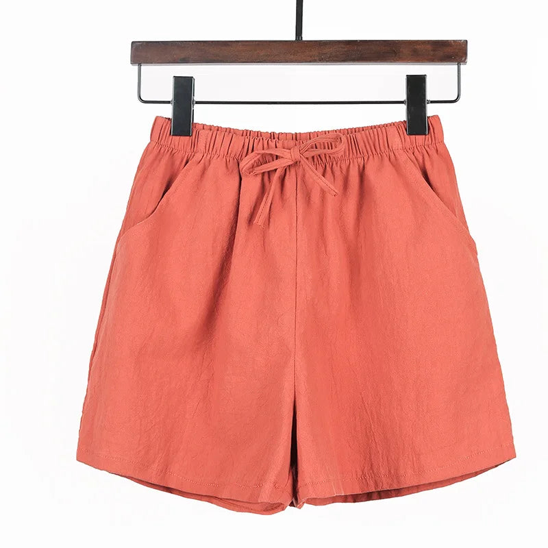 Women Summer Cotton Shorts Casual Solid Pockets Basic Shorts Elastic Waist.