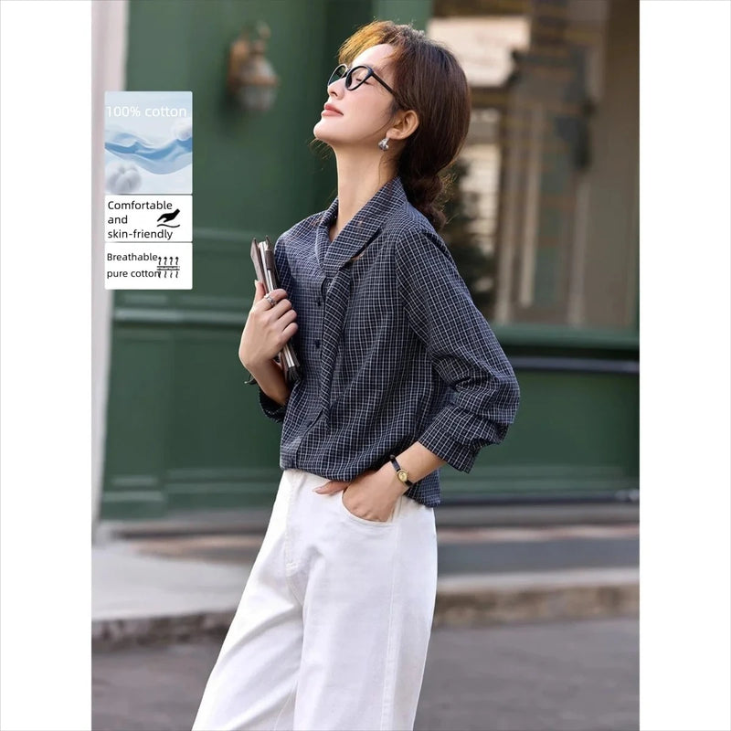 Women's Plaid Cotton Shirt Spring Fall Navy Blue Button Down Long Sleeve.
