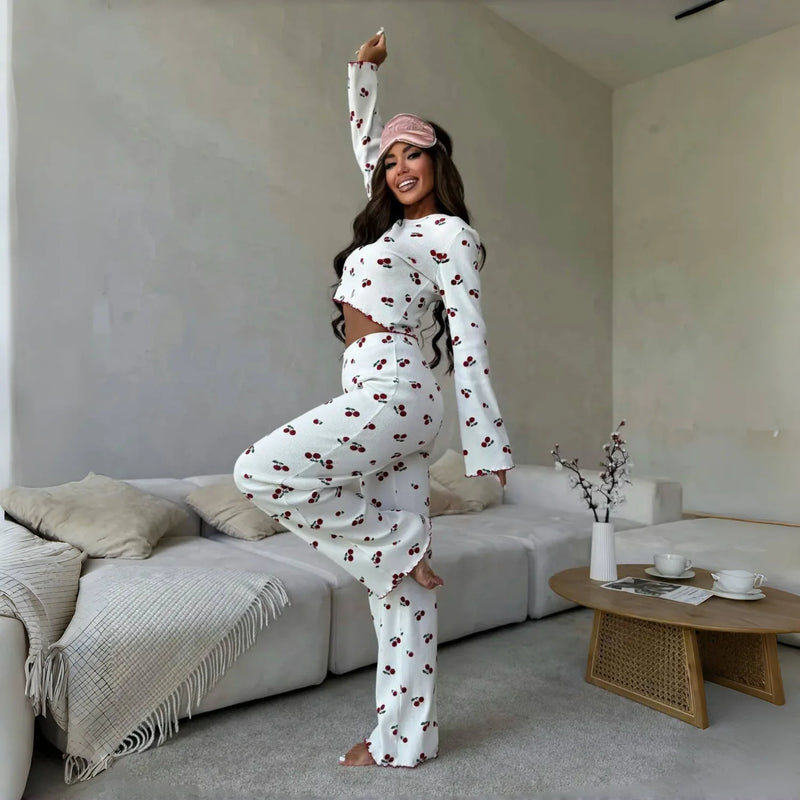 Lace Trim Women Pajama Set Short Sleeve Front Button Top & Full-Length.