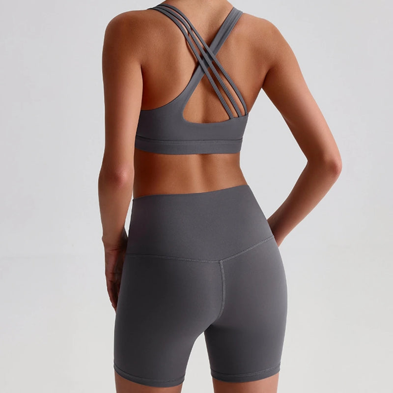 Solid Color Gym Yoga Set Short Legging Cross Back Shoulder Strap Sport Bra Tracksuit Women.