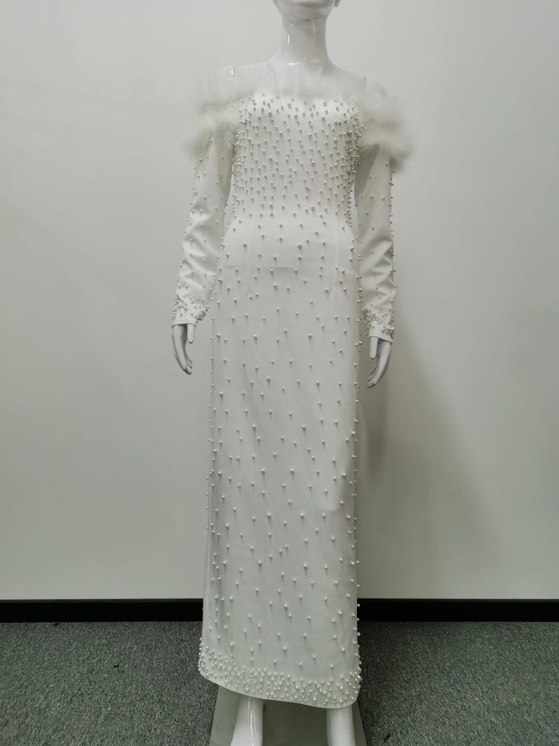 Feather White Dress Party Women Pearls Long Night Dresses.