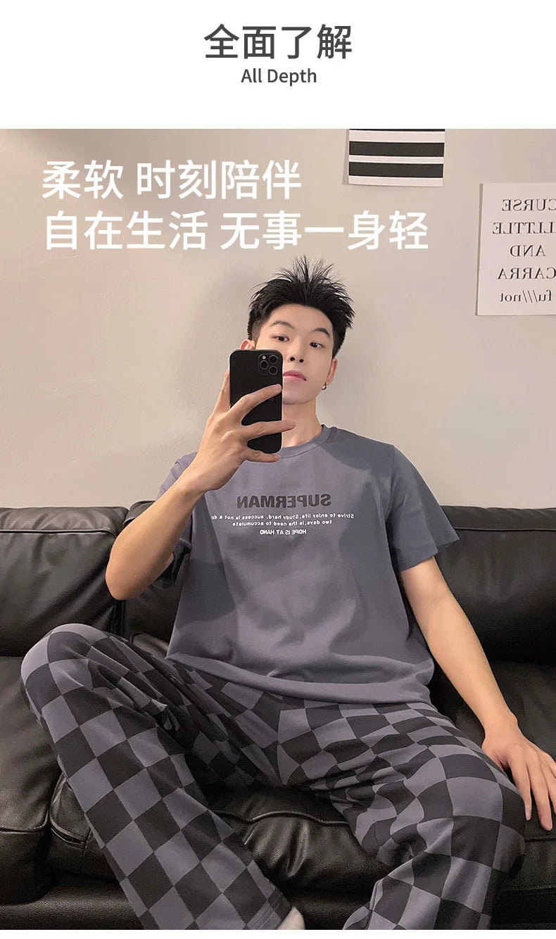 Summer Knitted Plaid Cool Mens Pyjamas Pajamas Casual Pjs Lounge Sets.