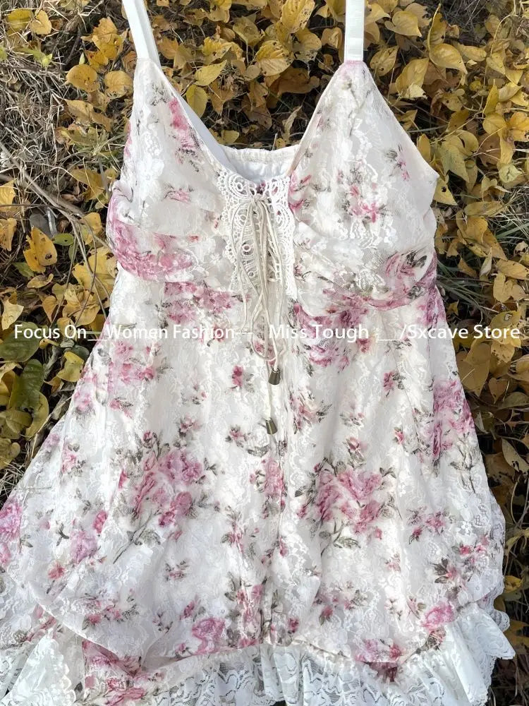 Women’s  Sweet Kawaii Y2k Min Dress Lolita Cute Sleeveless Floral Dress.