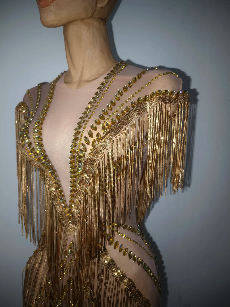 Women Sexy Mesh Sparkly Rhinestone Tassels Stretch Long Dress.