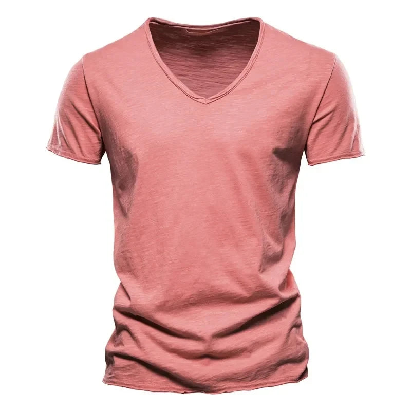 Spring Summer Cotton T Shirts Men Simple VNeck Stretch.