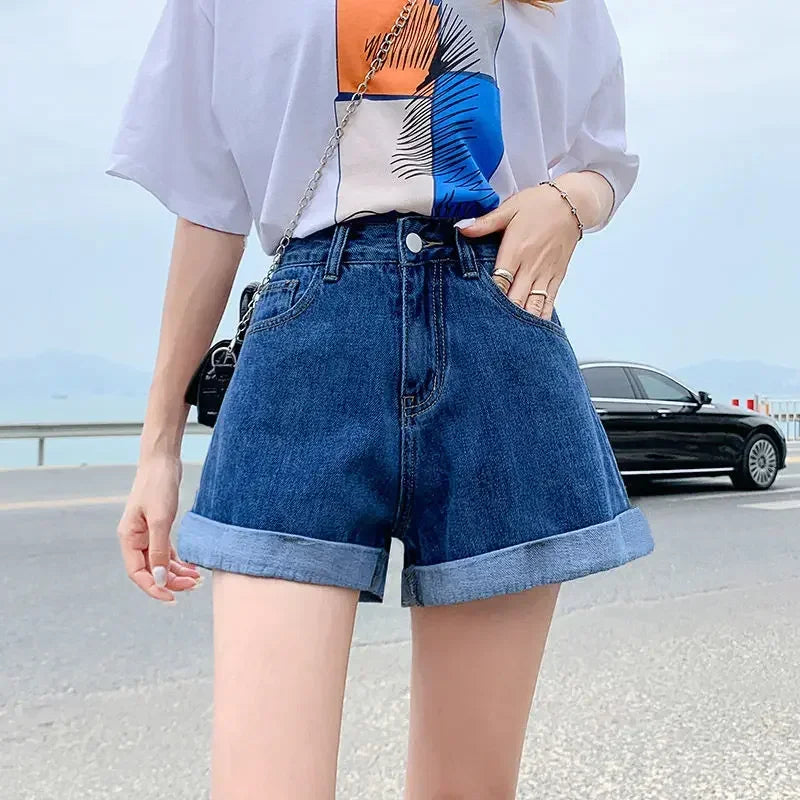 Summer Women Denim Shorts High Waist Blue Cotton Wide-leg Short.
