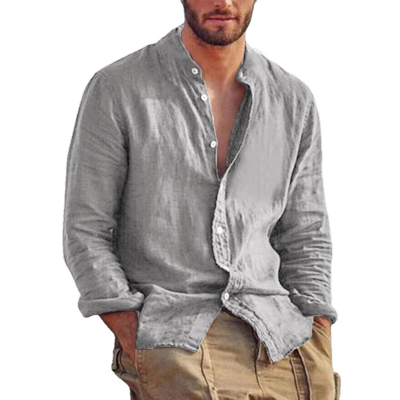 Sweatwear Men's Long Sleeve Shirt Linen Solid Color Shirts Trend Stand Collar.