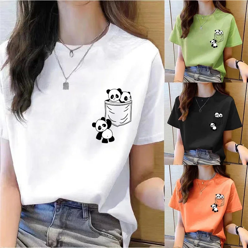 Women Short Sleeve Top Summer New Pocket Panda Cartoon Printed T-shirt.
