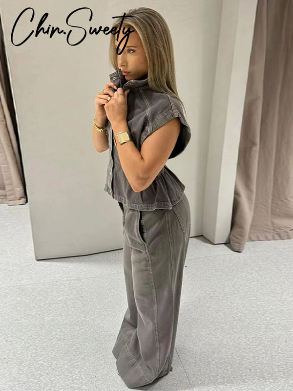 Casual Denim Vest Long Pant Set Women Sleeveless High Collar Button Tops.