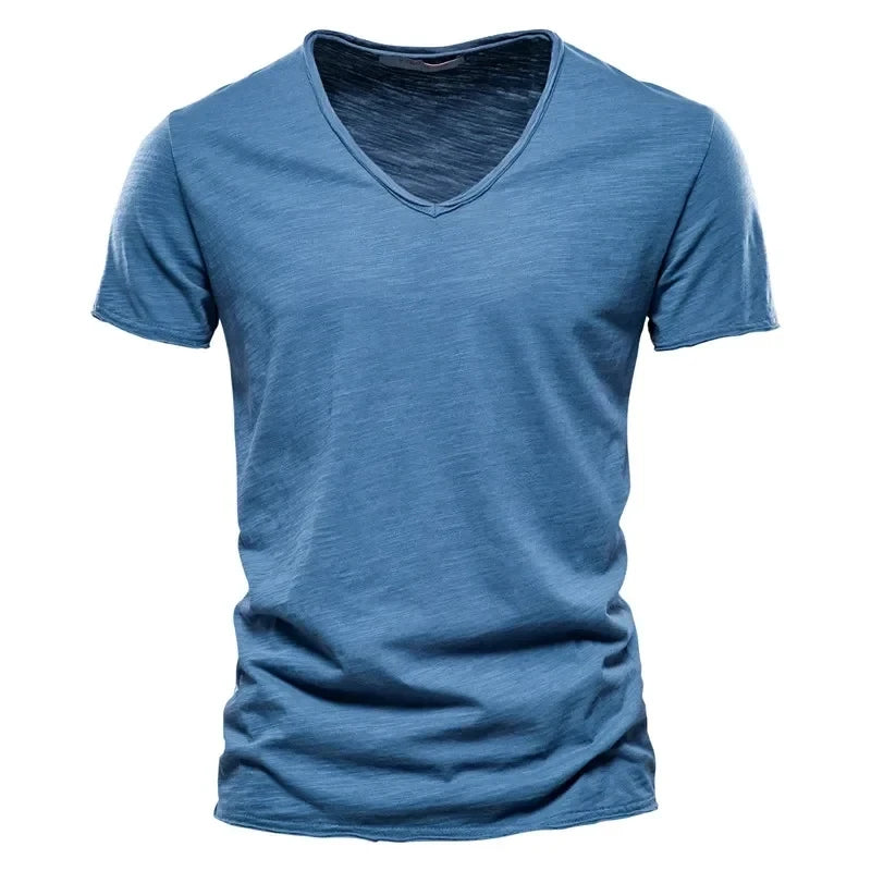 Spring Summer Cotton T Shirts Men Simple VNeck Stretch.