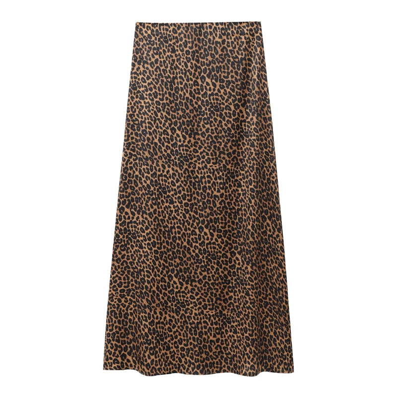 Leopard Print Long Skirt Woman High Waist Midi Skirts for Women.