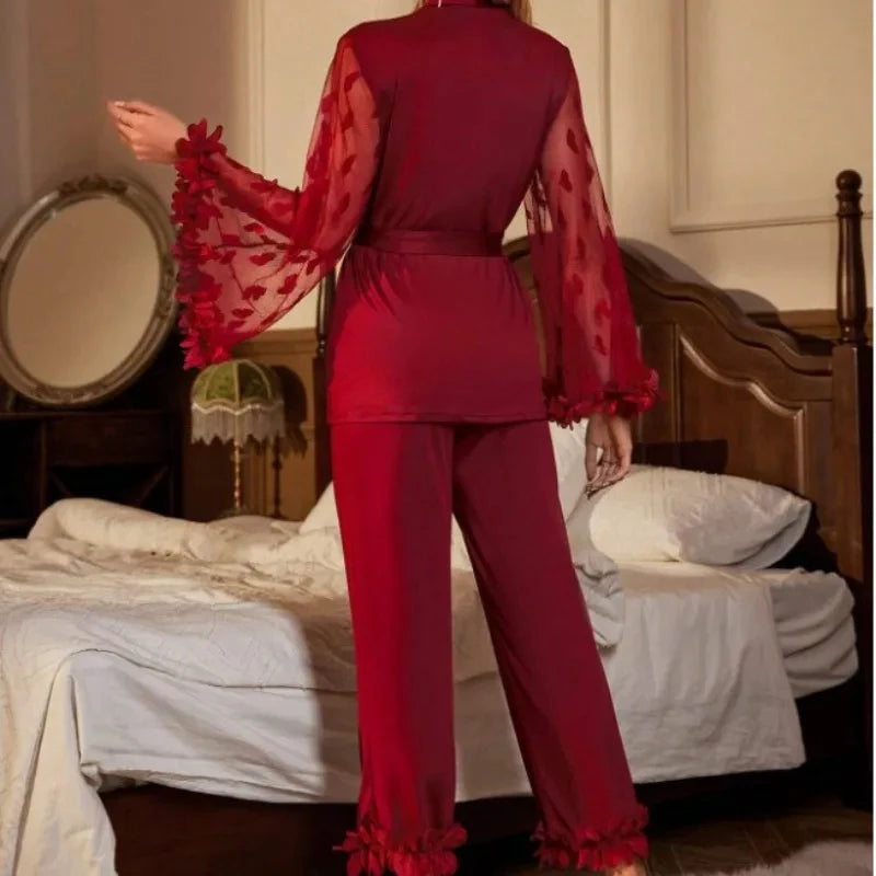 Sexy Sleepwear Net Mesh Flared Sleeve Petal-like Silk-Like Embroidery Women's Homewear.