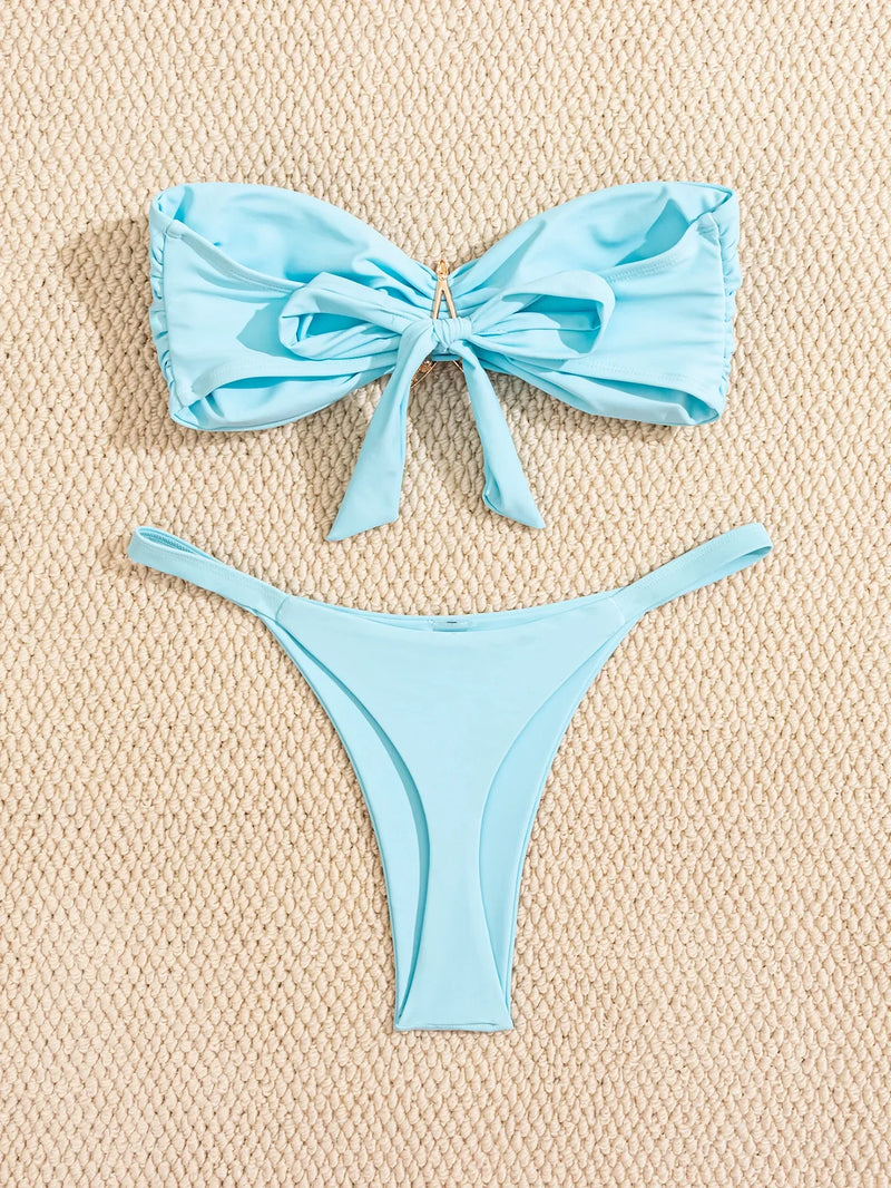 Sexy Bandeau Bikini Set Women Sky Blue Starfish Ornament Push Up.