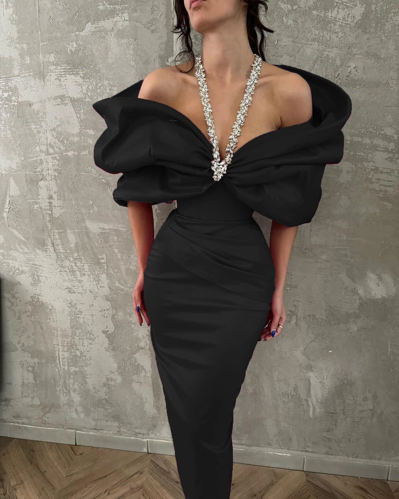 Red Black Women Sexy Halter Off the Shoulder Crystal Ruffles Bodycon Long Bandage Dress.