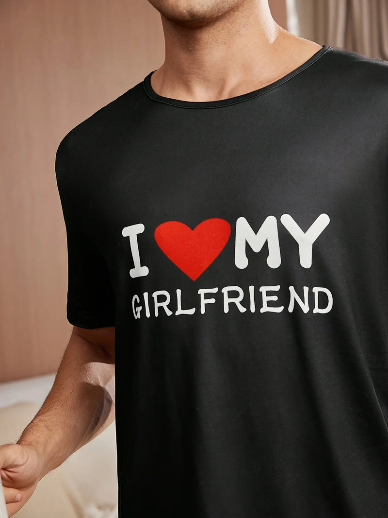 A set of men's clothing, short sleeves and love printed shorts.