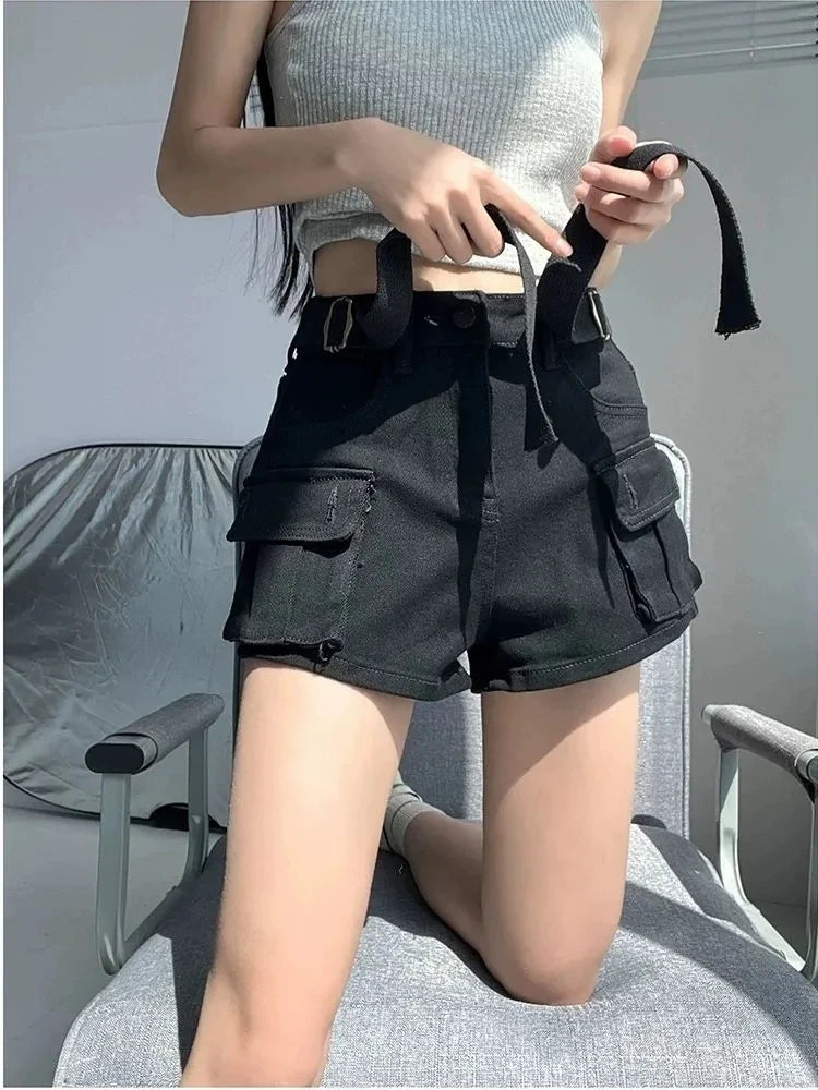 Women's High Waist Mini Skirt Y2K Denim Workwear Shorts Elastic Slimming.