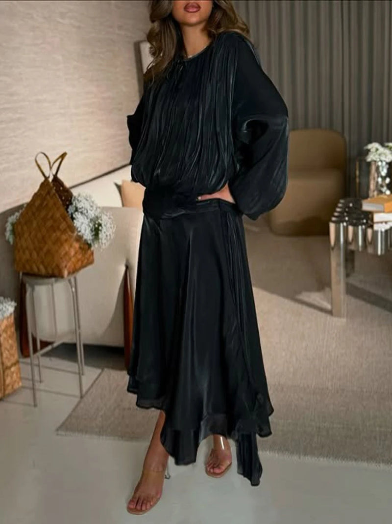 Solid Loose Spliced Folds Elegant Dresses for Women.