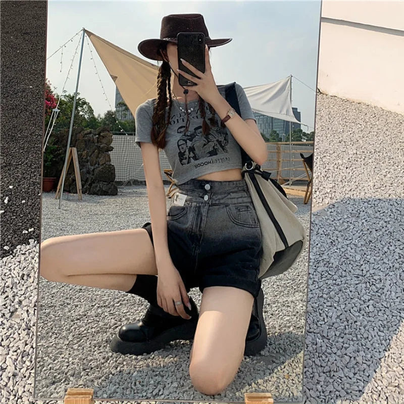 Ripped Denim Womens Shorts High Waist Wide Short Pants for Women.