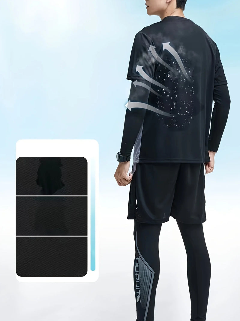 Men's Sports 4pcs Set, High Stretch Gradient Color T-shirt Active Shorts Leggings.