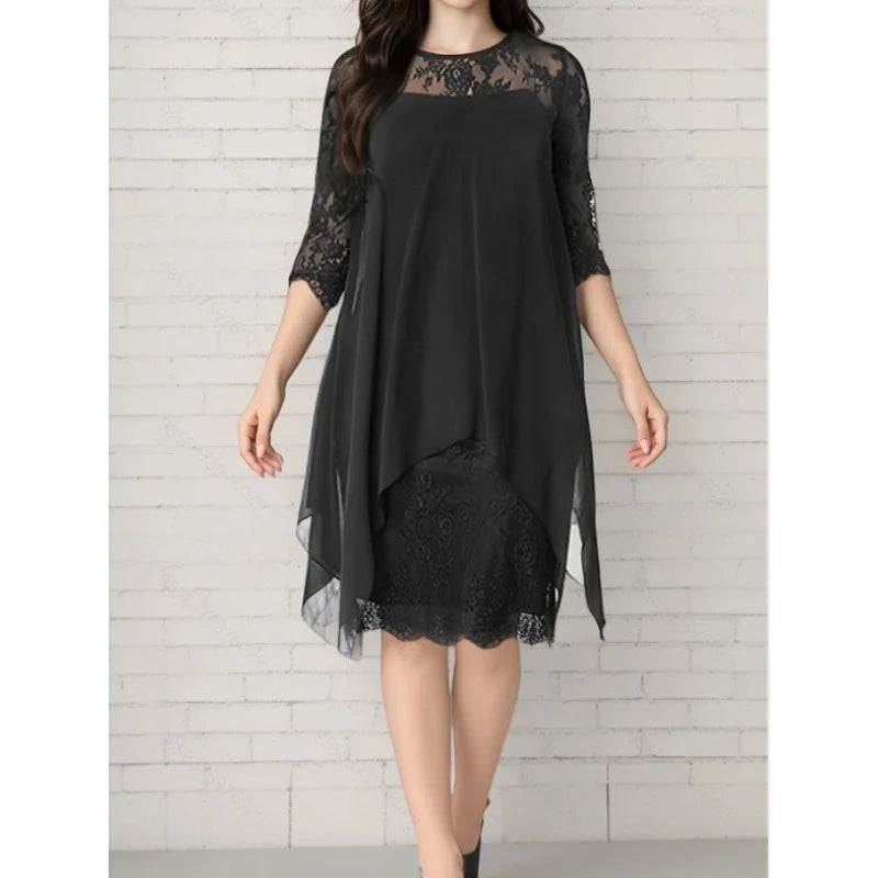 Plus Size Female Dresses Lace Patchwork Asymmetric Hem Loose Waist Three-quarter.