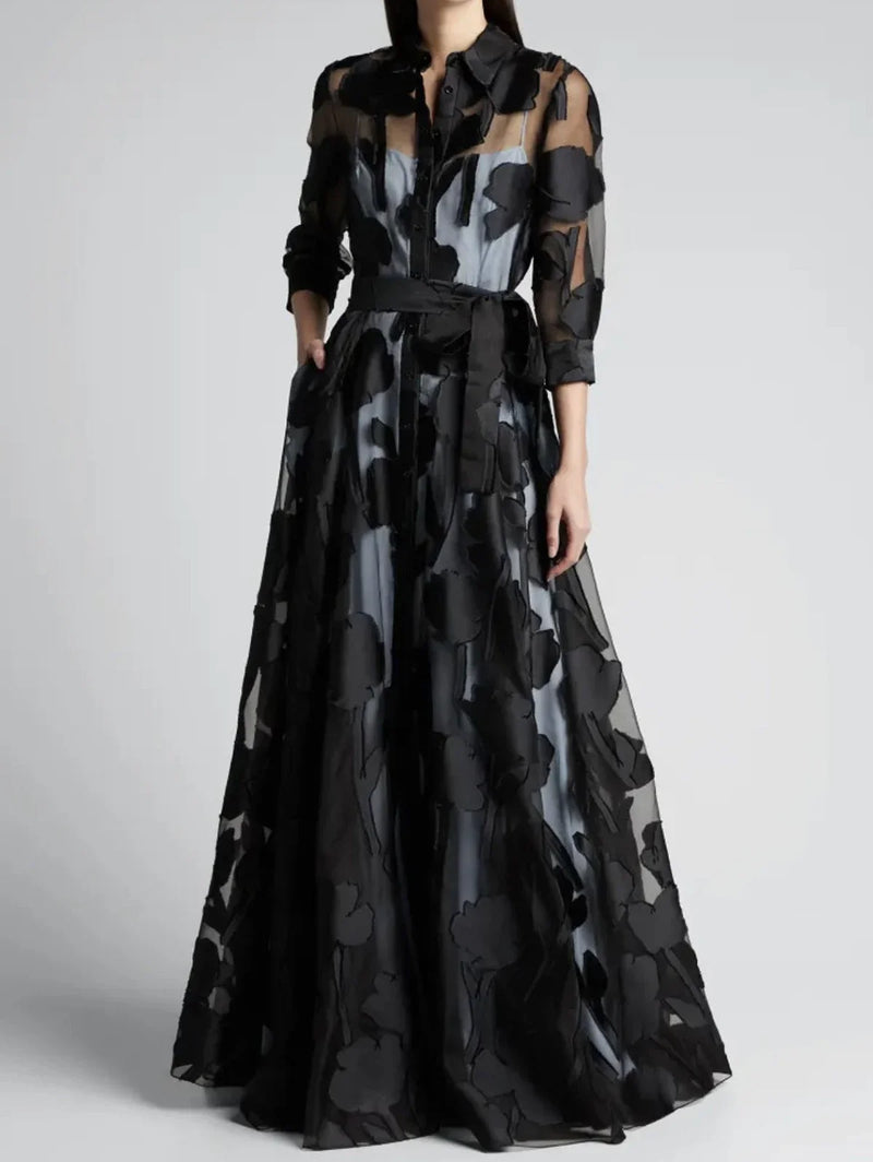Elegant Three-Quarter Sleeve Knotted Waist Jacquard Mesh Maxi Dress for Women.
