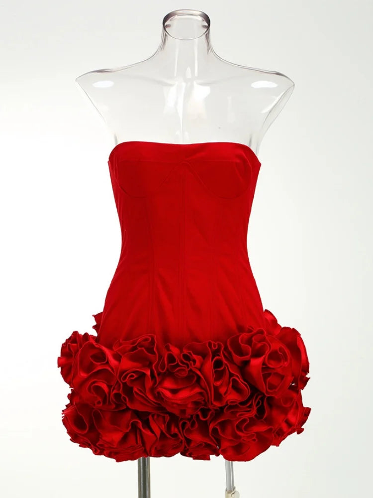 VC Christmas Dress Strapless Backless Red Structured Floral Embellished Mini Length.