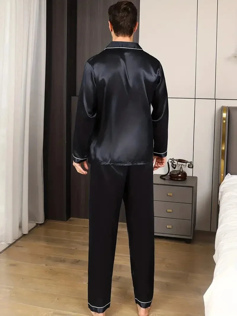 Men Pajamas Set Silk Satin Nightwear Shirt Long Sleeve.