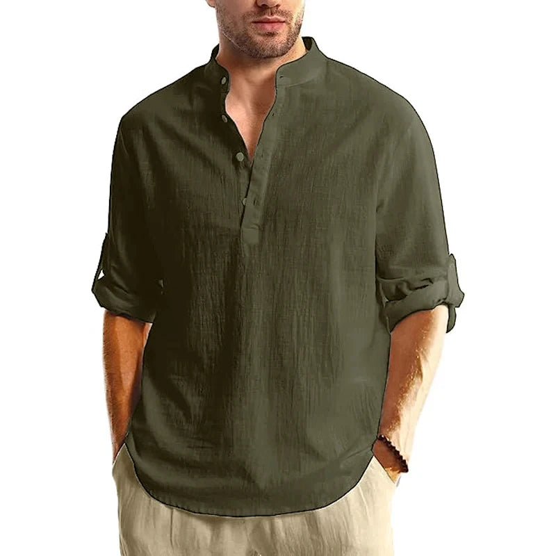 Long Sleeve Henley Shirt Men Cotton Lightweight T-Shirts.