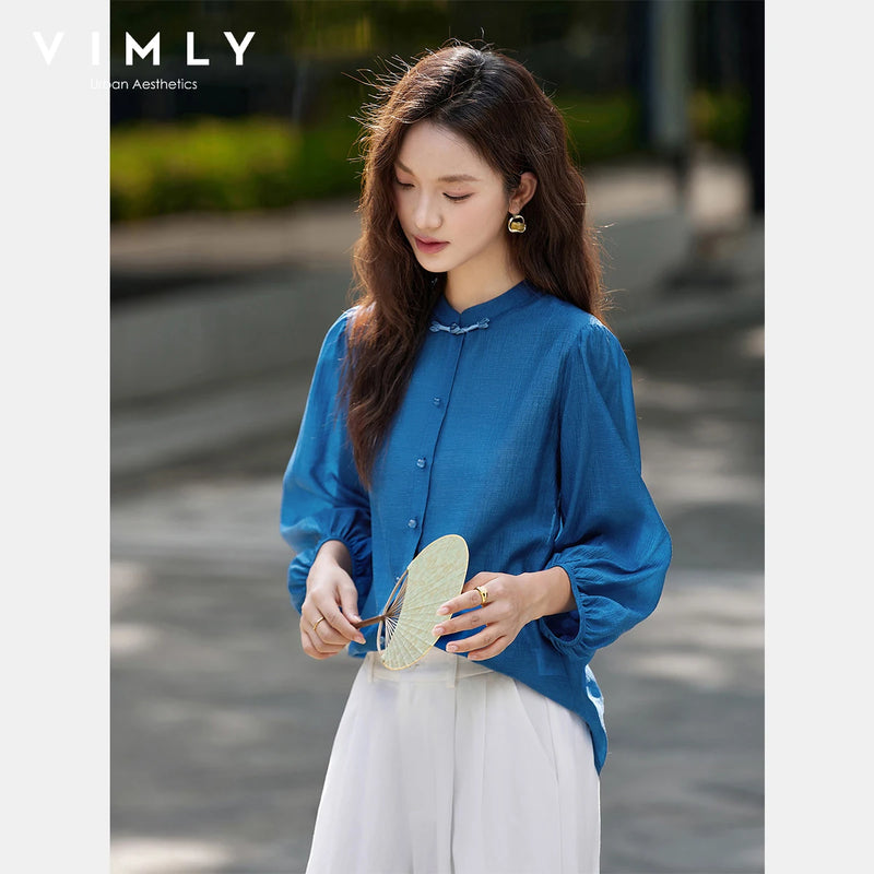 VIMLY Elegant Women Shirt Spring Autumn Chinese Style Lantern Sleeve.