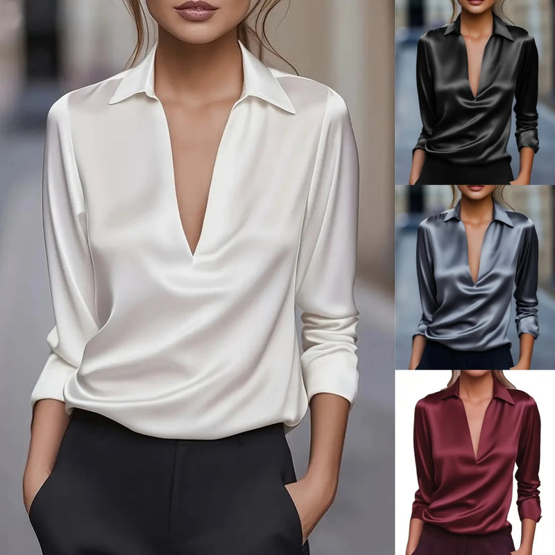 Women's Elegant Dressy Satin Work Shirt Plain Modern Casual Long Sleeve.