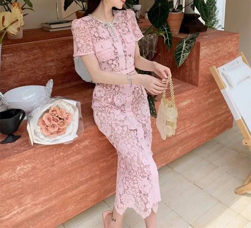 Women’s Lace Midi Dress Diamonds Bow Pink Floral Crystal Short Sleeve.