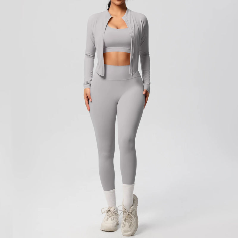 3pcs Sportswear Yoga Set Gym Sports Bra Zipper Jacket Leggings Clothes.