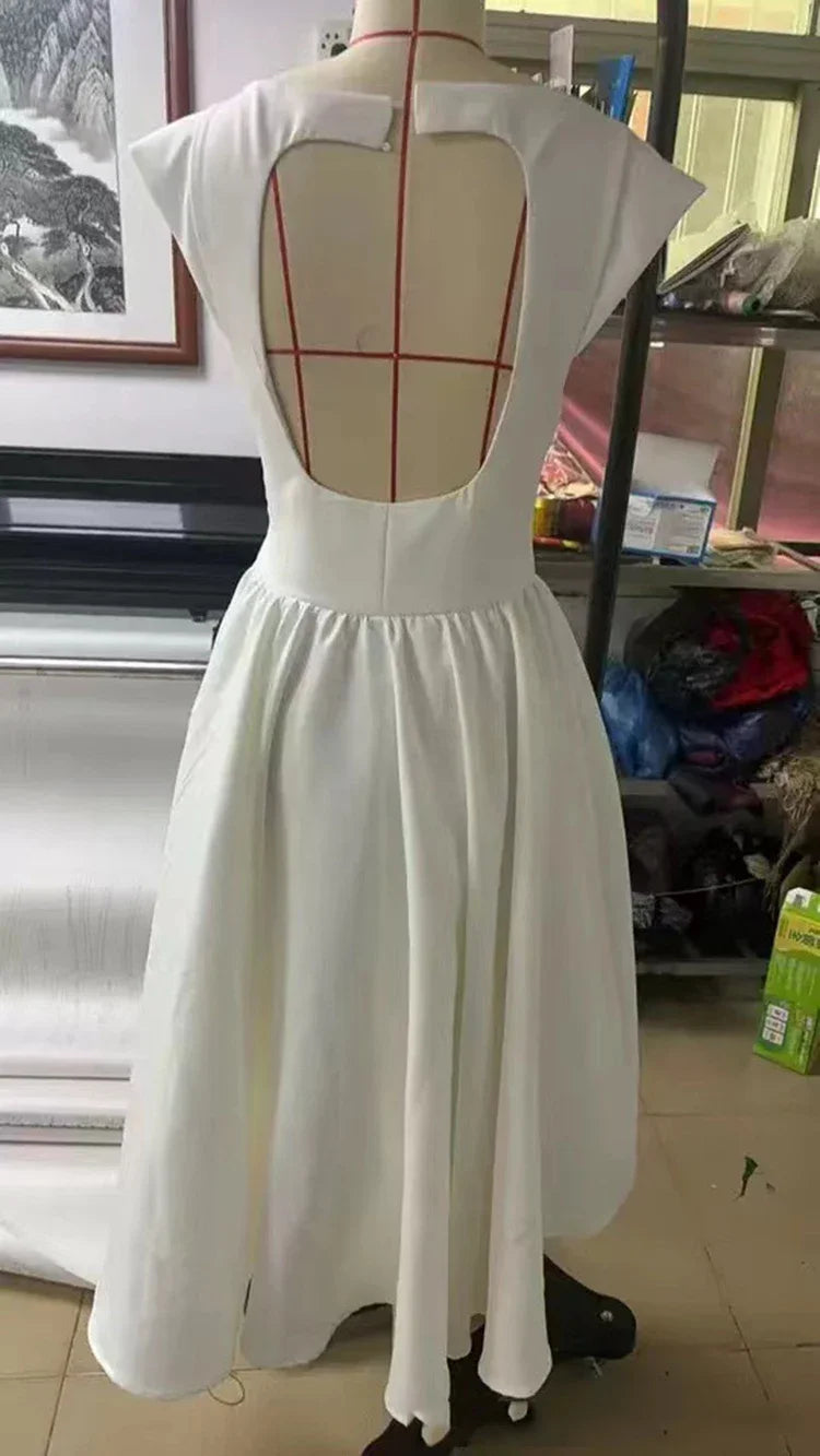 Suninheart Women Circle Cut Out Back Dress Wide Shoulders.