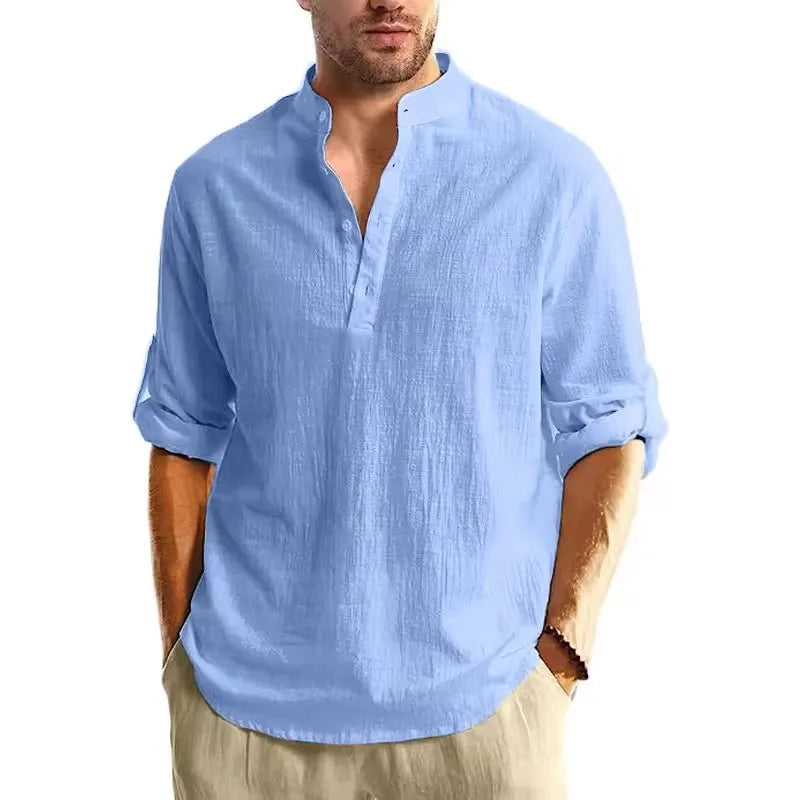 Long Sleeve Henley Shirt Men Cotton Lightweight T-Shirts.