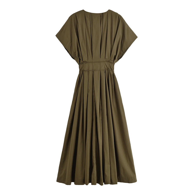 Women's New Fashion V-neck Pleated Down Shoulder Short Sleeve Midi Dress.