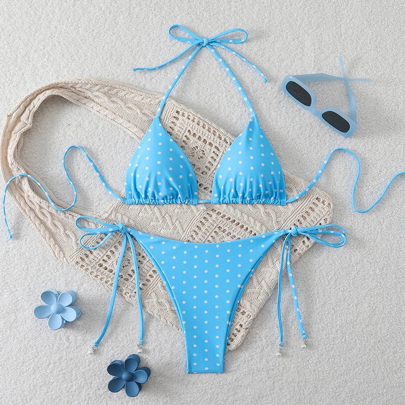Sexy Micro Bikinis Sets Pearl Dot Print Swimwear Bathing Suit Woman.