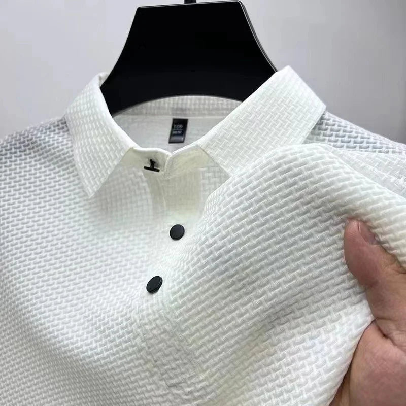 Men's Business Casual Short Sleeved Bone Flower Solid Color POLO Shirt.