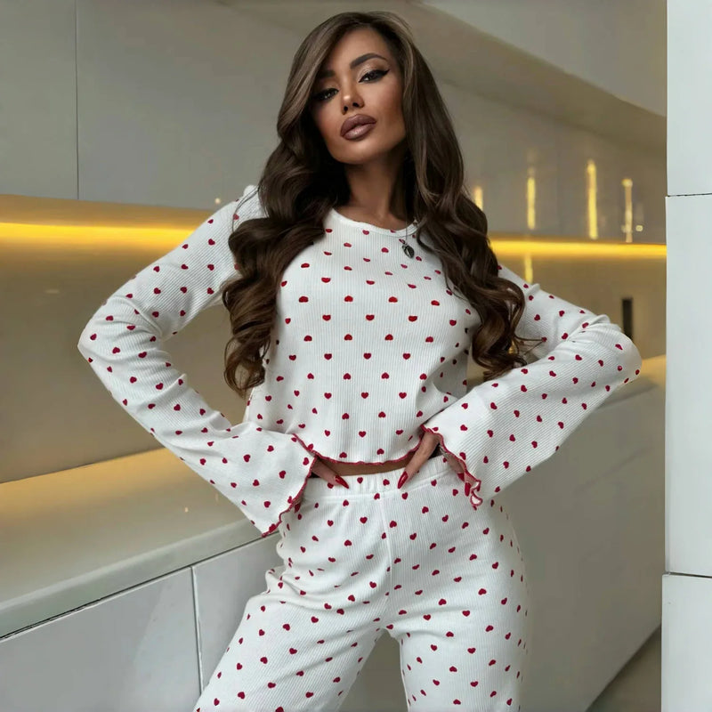 Lace Trim Women Pajama Set Short Sleeve Front Button Top & Full-Length.