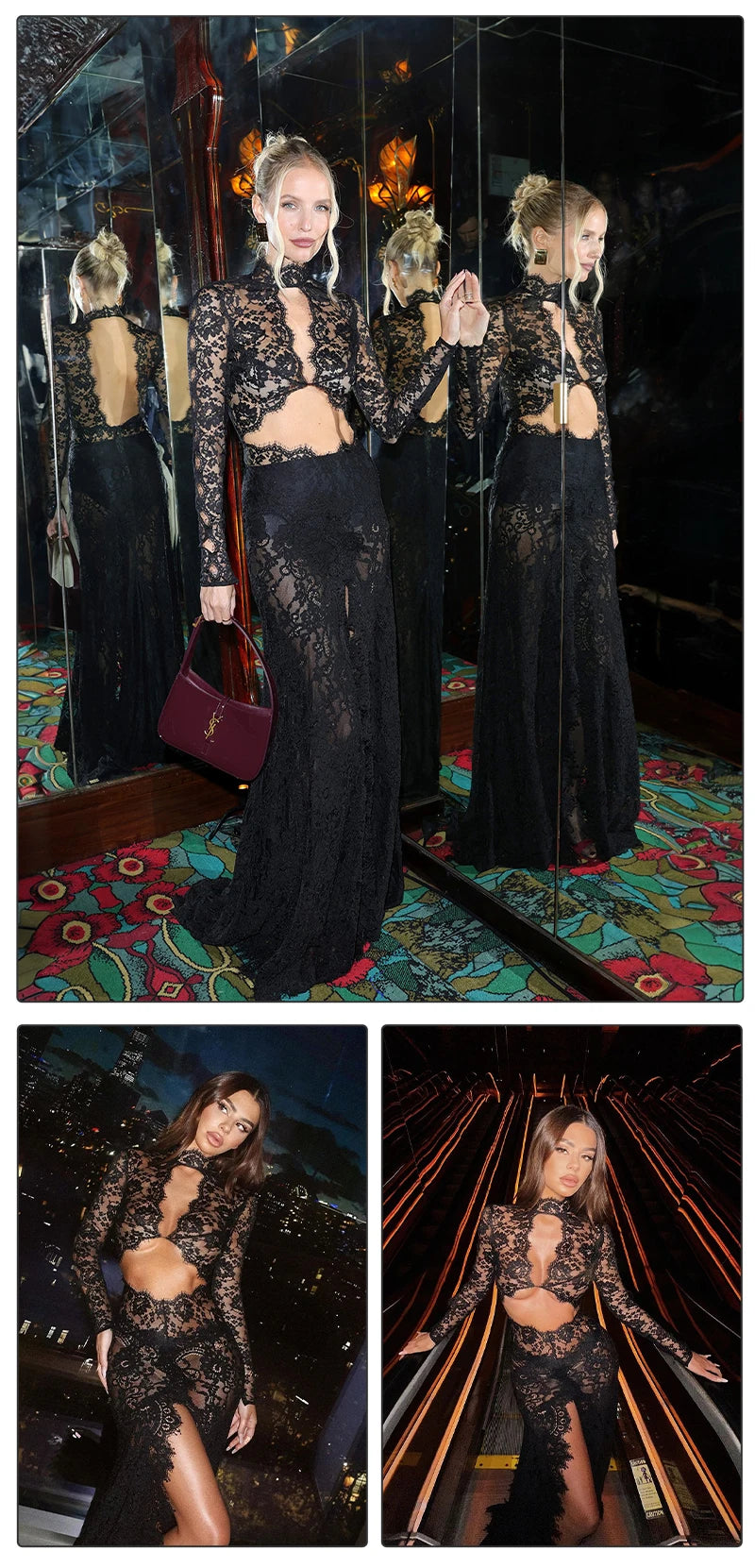 Women’s VC Black Lace Cut Out Long Dress Backless High Split.