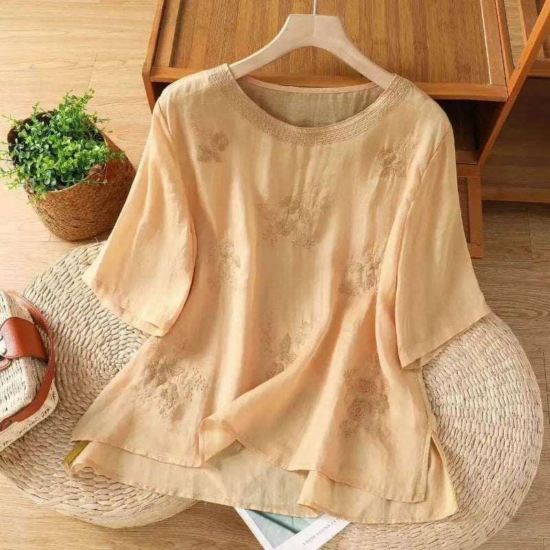 Women's Casual Linen Blouse Floral Embroidery Round Neck Short Sleeve.