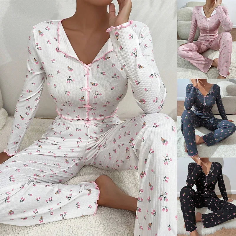 Y2K Cute Floral Ribbed Pajama Set Womens Long Sleeve V Neck Two Piece.