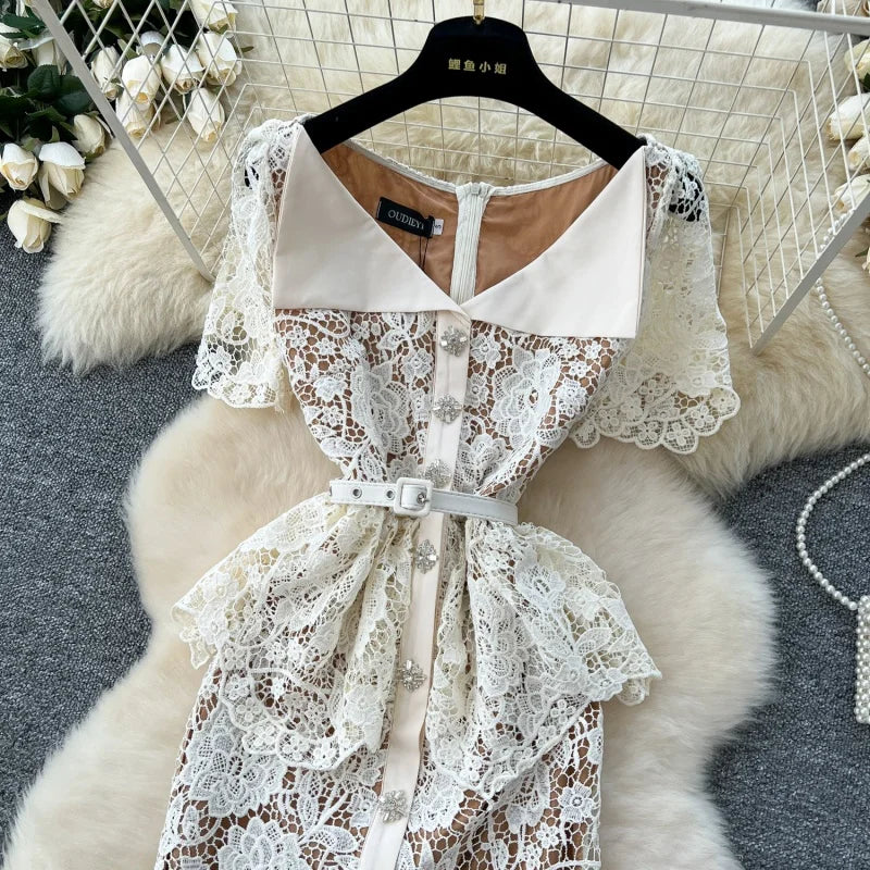 Women’s Elegant Hook Floral Hollow Lace Dress.