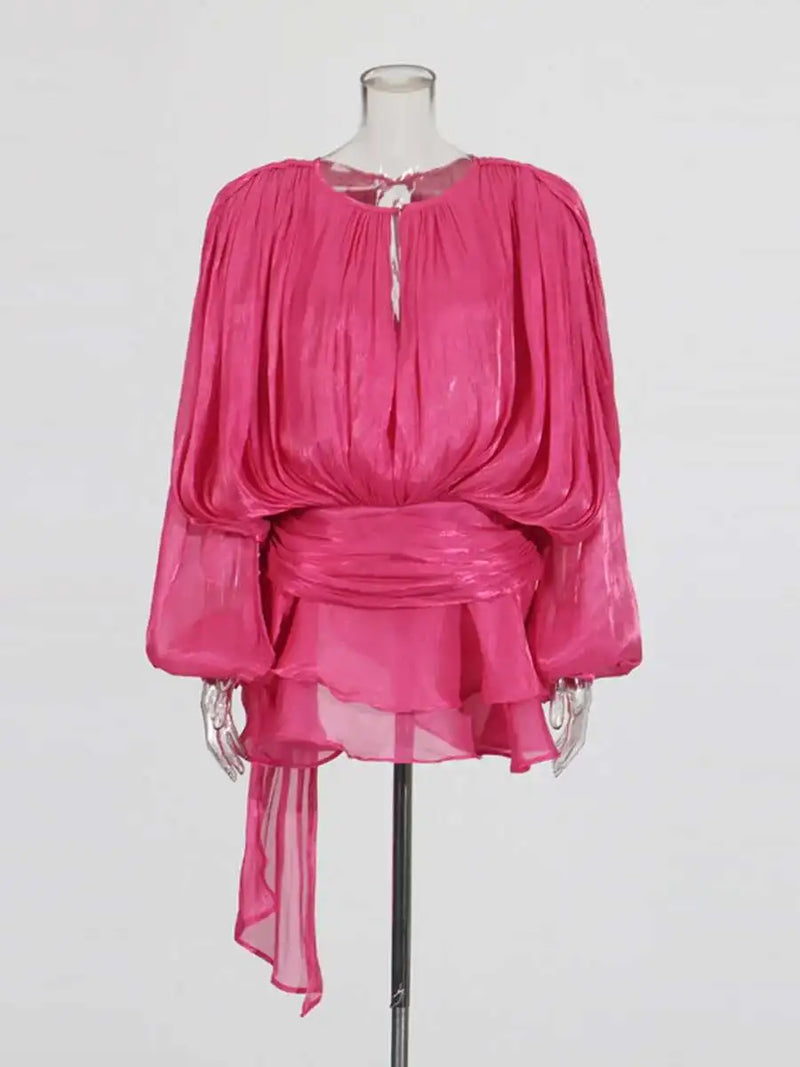 TWOTWINSTYLE Solid Blouse Mini Dresses For Women V Neck Long Sleeve.