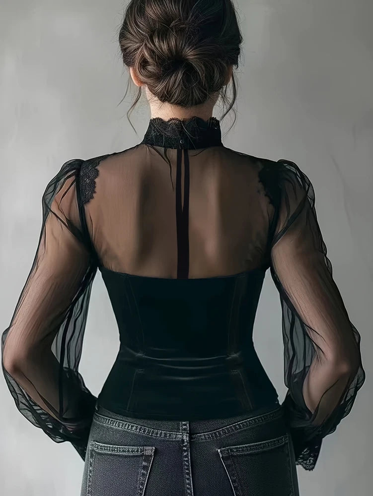 Women's Spring/Fall Arrival Elegant Lace-Panel Cutout Bell-Sleeve Tie-Waist.